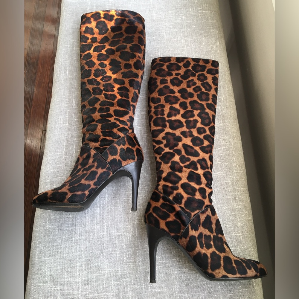 Max de Carlo Leopard Leather Tall Boots. Italy Authentic Calf Hair Size 6.5